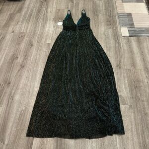 Luxxel green and gold shimmer maxi dress with v neck and adjustable straps